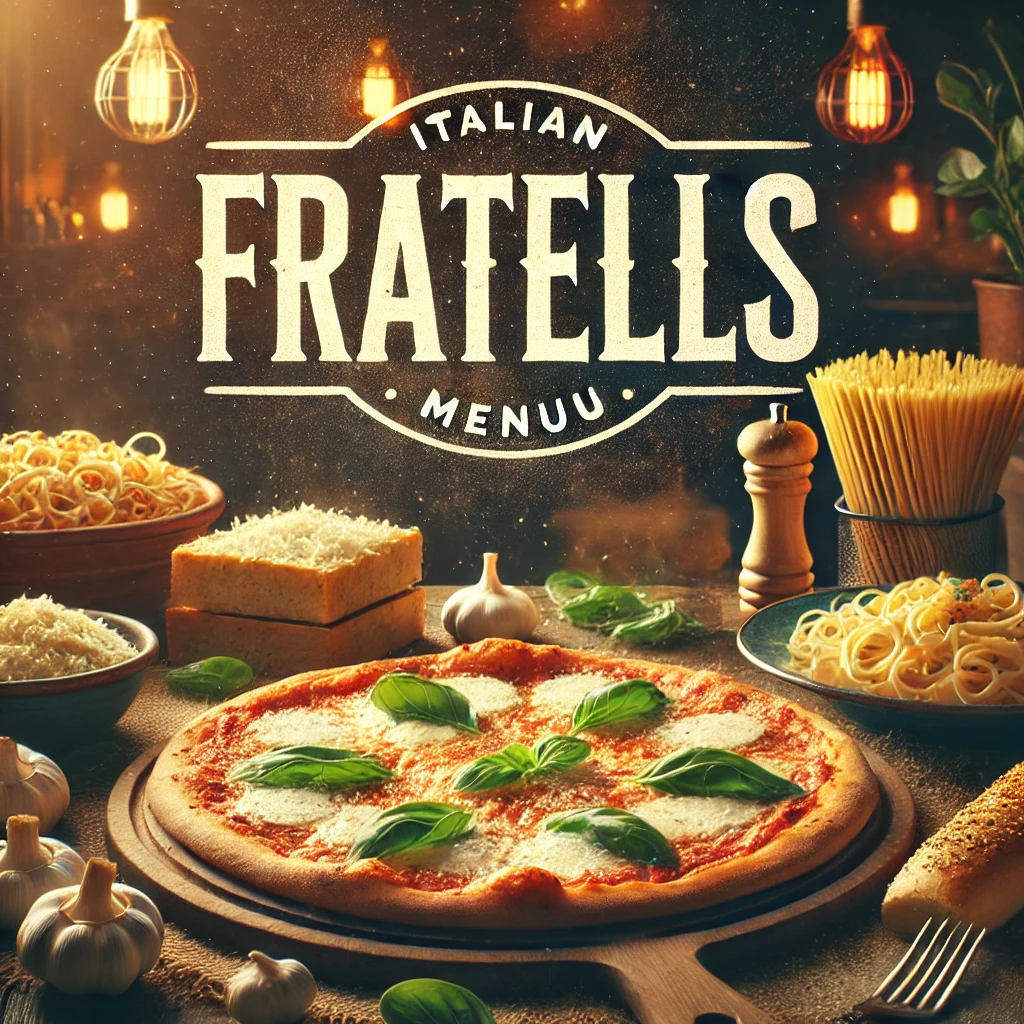 DALL·E 2025 02 22 02.04.02 A delicious Italian feast from the Fratellis menu featuring a classic Margherita pizza with fresh basil a plate of creamy pasta and a side of garli
