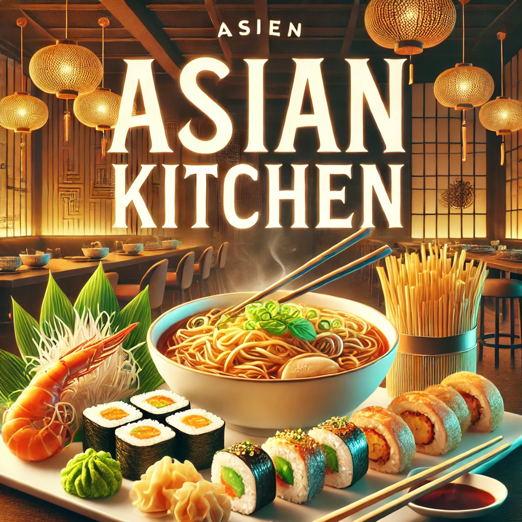 DALL·E 2025 02 22 02.05.17 A vibrant selection from the Asian Kitchen menu featuring sushi rolls a steaming bowl of ramen crispy spring rolls and a side of dumplings. The ba
